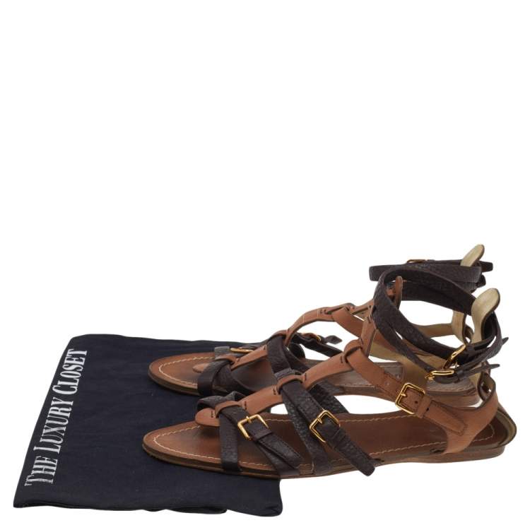 Pre Owned Miu Miu Tan/Dark Brown Leather Gladiator Flat Sandals Size 39