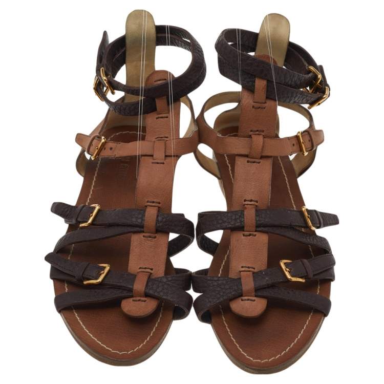 Pre Owned Miu Miu Tan/Dark Brown Leather Gladiator Flat Sandals Size 39