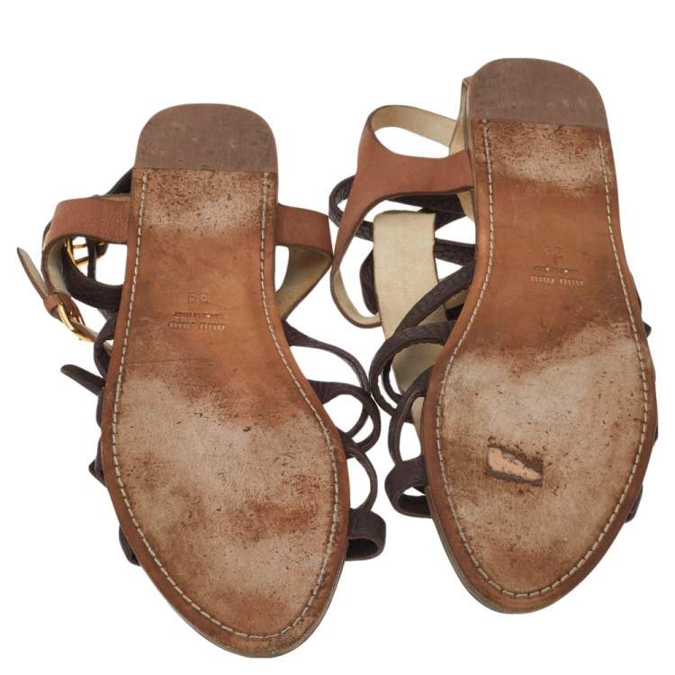 Pre Owned Miu Miu Tan/Dark Brown Leather Gladiator Flat Sandals Size 39