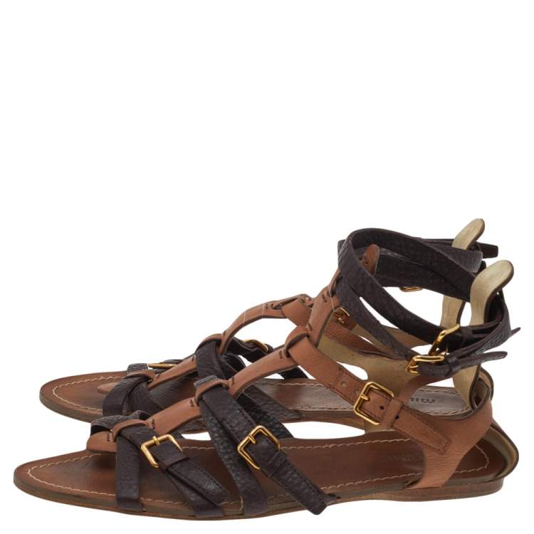 Pre Owned Miu Miu Tan/Dark Brown Leather Gladiator Flat Sandals Size 39