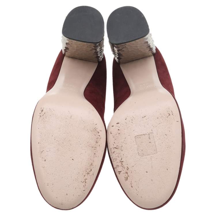 Pre Owned Miu Miu Burgundy Suede Crystal Embellished Block Heel Pumps Size 40.5