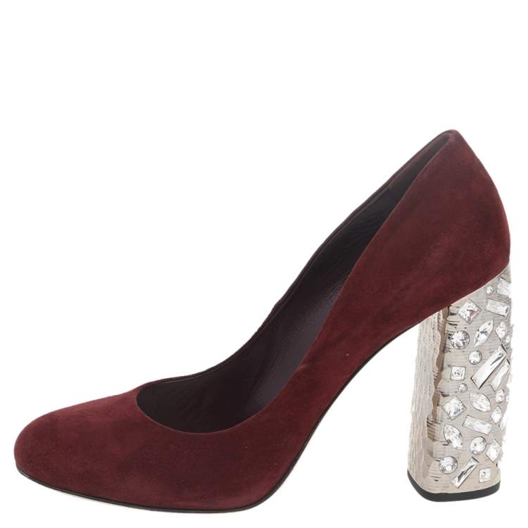 Pre Owned Miu Miu Burgundy Suede Crystal Embellished Block Heel Pumps Size 40.5