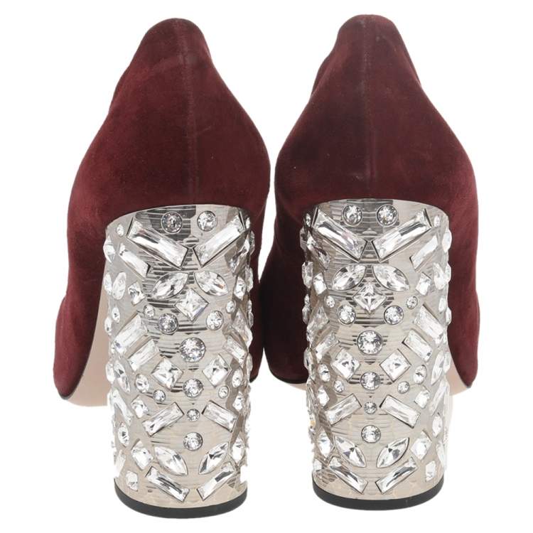Pre Owned Miu Miu Burgundy Suede Crystal Embellished Block Heel Pumps Size 40.5