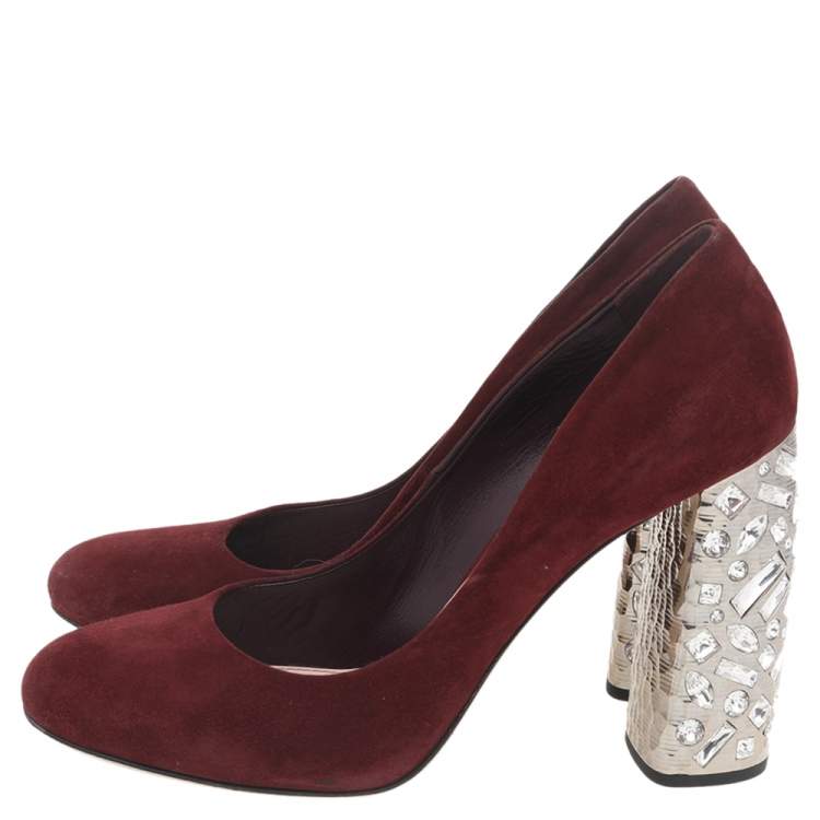 Pre Owned Miu Miu Burgundy Suede Crystal Embellished Block Heel Pumps Size 40.5