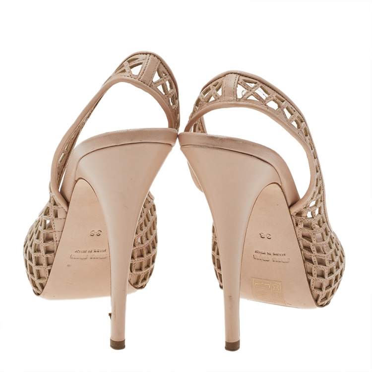 Pre Owned Miu Miu Beige Laser Cut Leather Platform Slingback Sandals Size 38