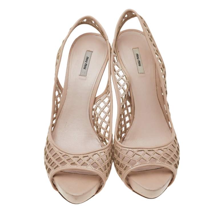 Pre Owned Miu Miu Beige Laser Cut Leather Platform Slingback Sandals Size 38