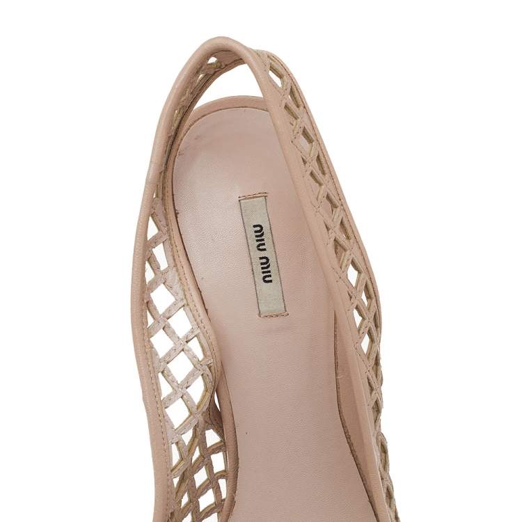 Pre Owned Miu Miu Beige Laser Cut Leather Platform Slingback Sandals Size 38