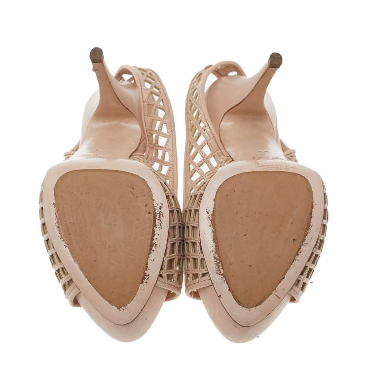 Pre Owned Miu Miu Beige Laser Cut Leather Platform Slingback Sandals Size 38