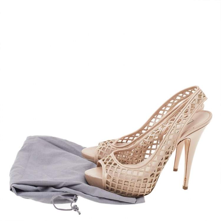 Pre Owned Miu Miu Beige Laser Cut Leather Platform Slingback Sandals Size 38