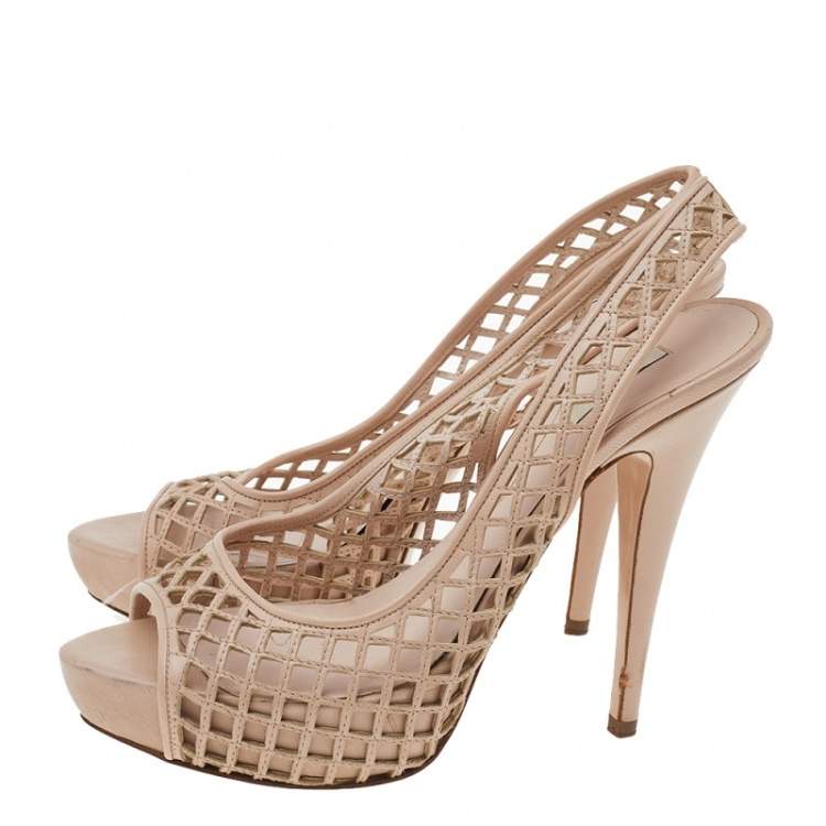 Pre Owned Miu Miu Beige Laser Cut Leather Platform Slingback Sandals Size 38