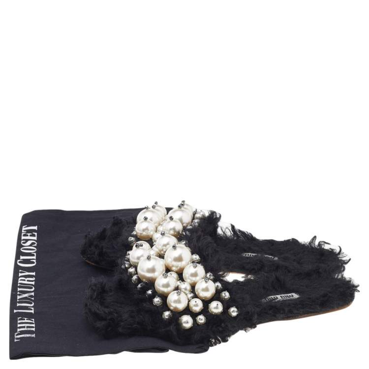 Pre Owned Miu Miu Black Fur Pearl Embellished Flat Sandals Size 37.5