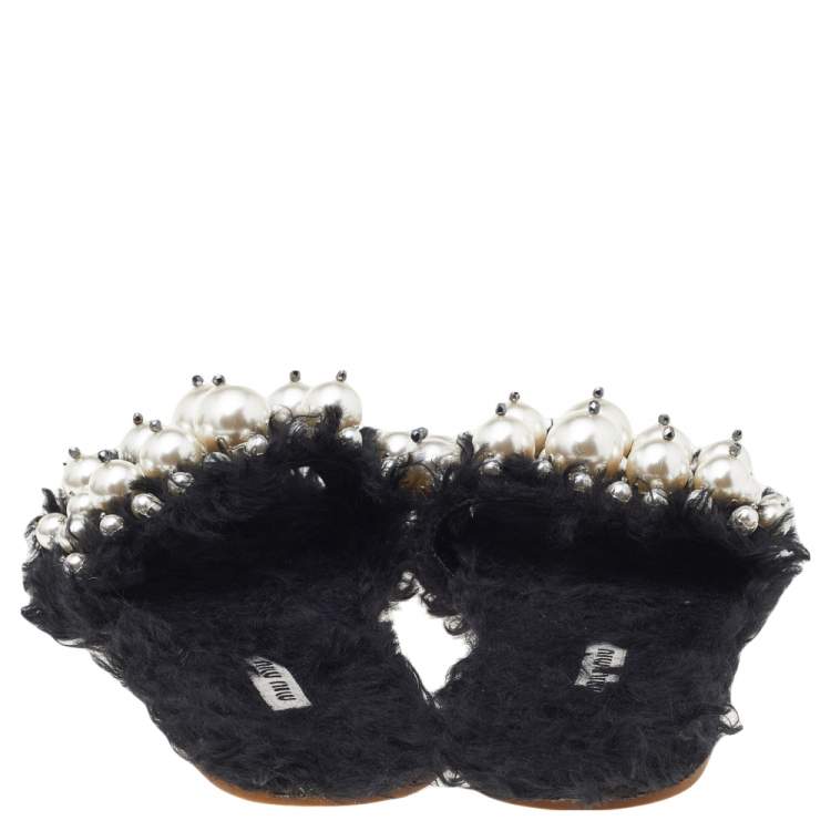 Pre Owned Miu Miu Black Fur Pearl Embellished Flat Sandals Size 37.5