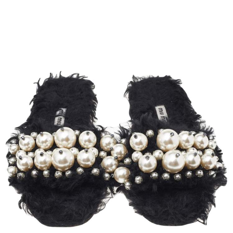 Pre Owned Miu Miu Black Fur Pearl Embellished Flat Sandals Size 37.5