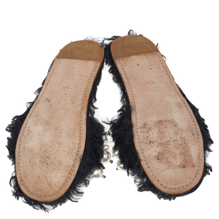 Pre Owned Miu Miu Black Fur Pearl Embellished Flat Sandals Size 37.5