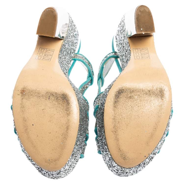 Pre Owned Miu Miu Turquoise Suede and Glitter Ankle Strap Platform Sandals Size 36