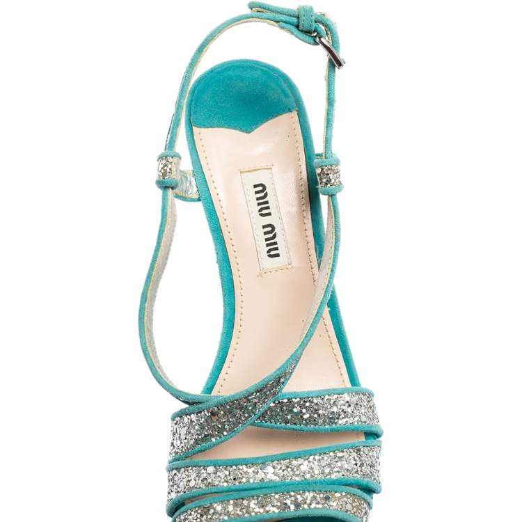 Pre Owned Miu Miu Turquoise Suede and Glitter Ankle Strap Platform Sandals Size 36