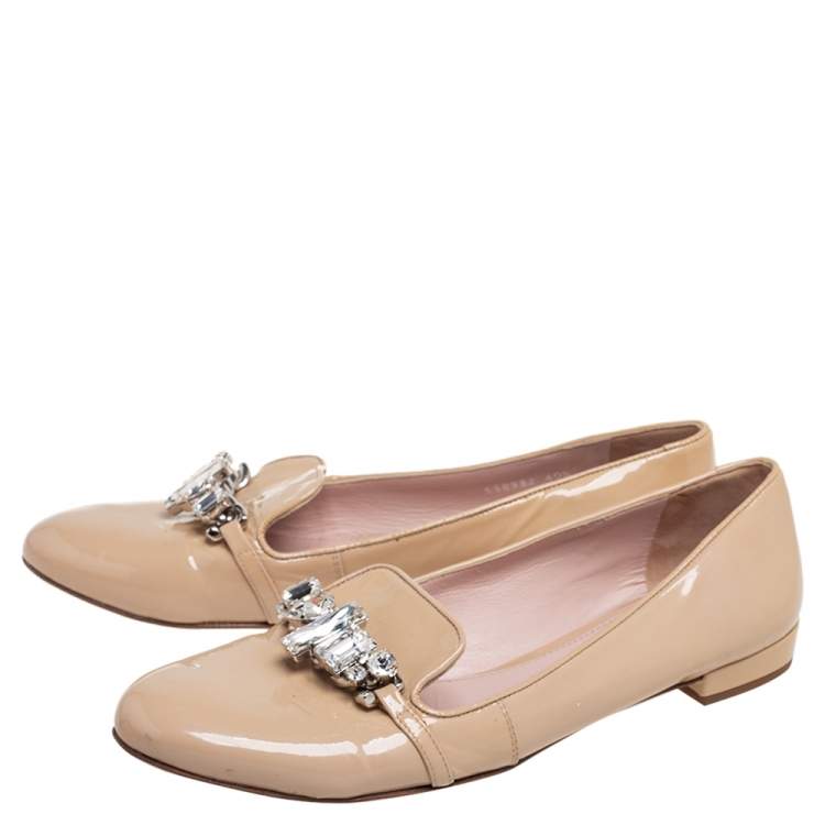 Pre Owned Miu Miu Beige Patent Leather Crystal Embellished Bow Ballet Flats Size 40.5