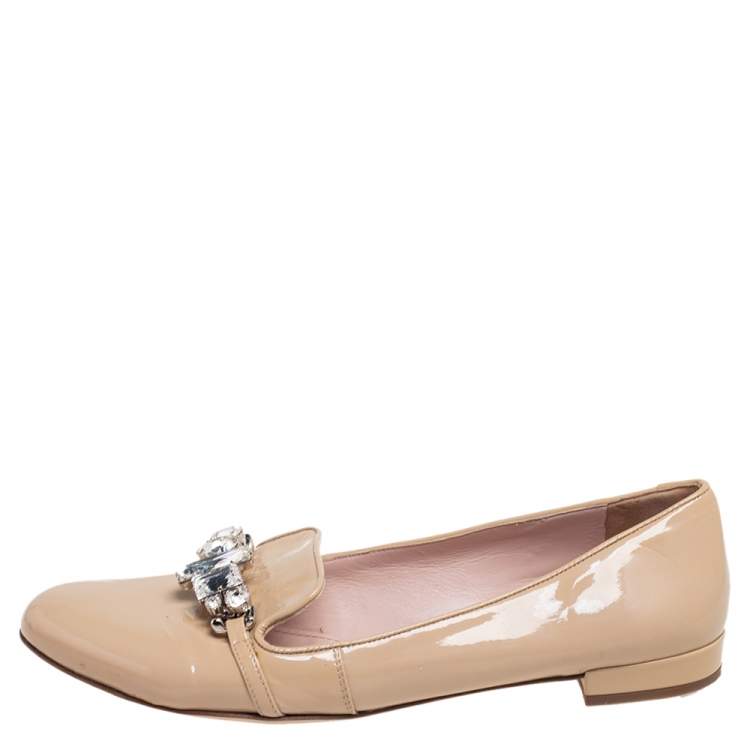 Pre Owned Miu Miu Beige Patent Leather Crystal Embellished Bow Ballet Flats Size 40.5