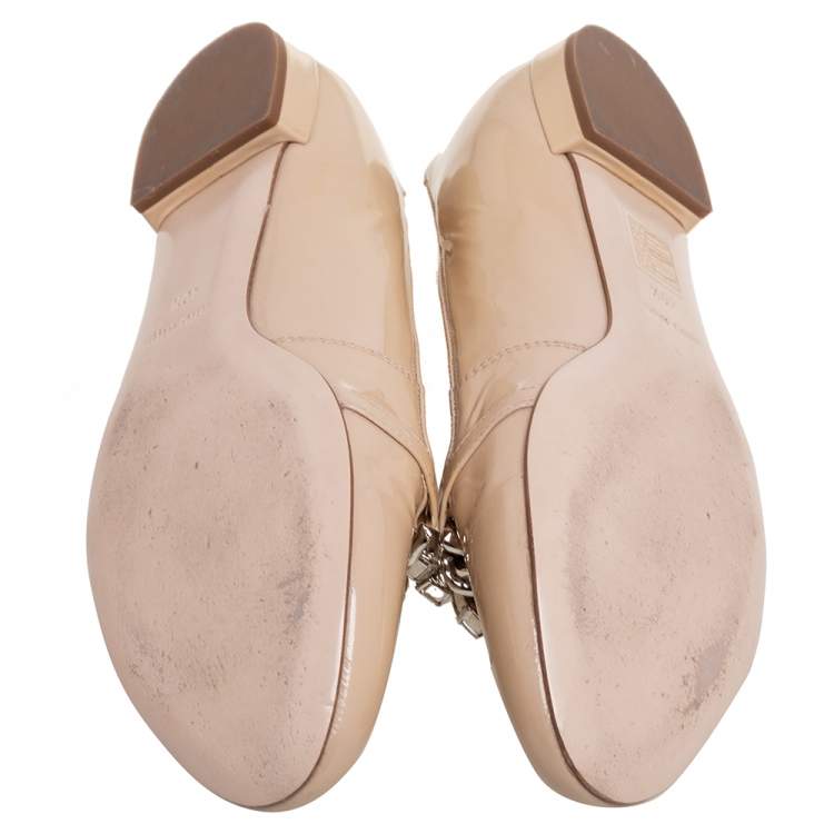 Pre Owned Miu Miu Beige Patent Leather Crystal Embellished Bow Ballet Flats Size 40.5