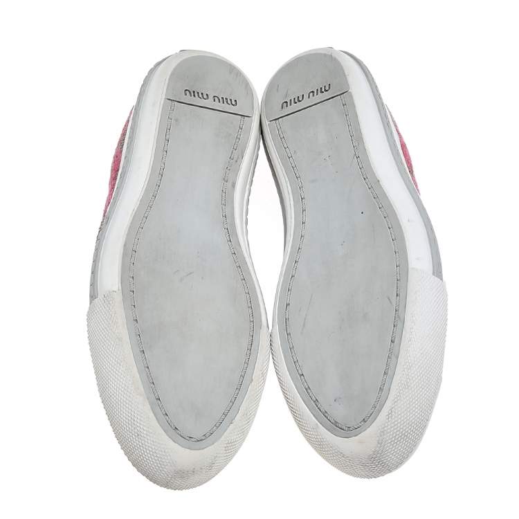 مملوكة مسبقًا Miu Miu Beige/Pink Jute Metal Cap Toe Slip On Sneakers Size 37 