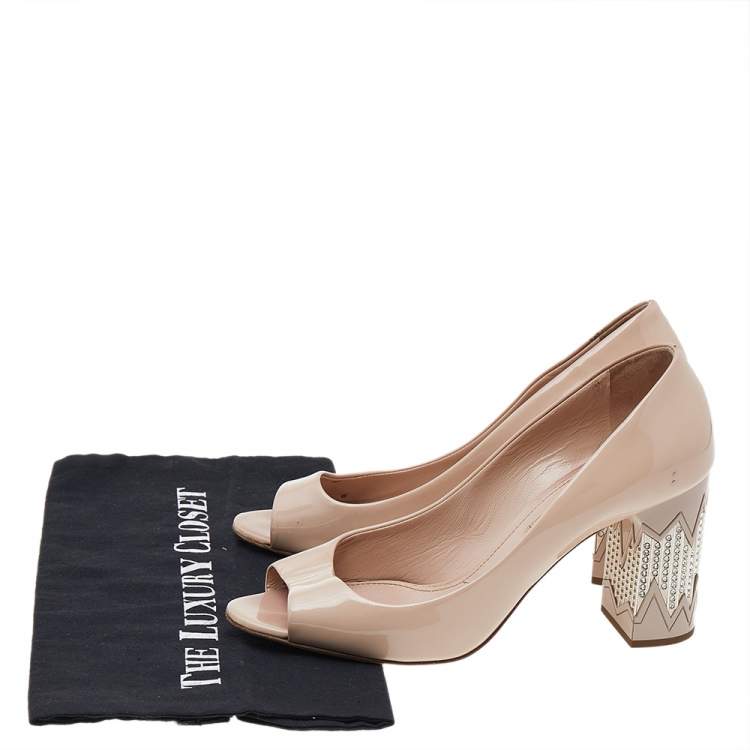 Pre Owned Miu Miu Beige Patent Leather Embellished Block Heel Pumps Size 38