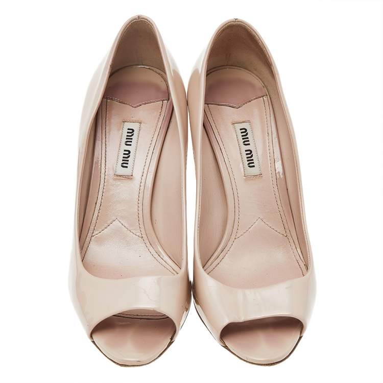 Pre Owned Miu Miu Beige Patent Leather Embellished Block Heel Pumps Size 38