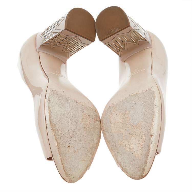 Pre Owned Miu Miu Beige Patent Leather Embellished Block Heel Pumps Size 38