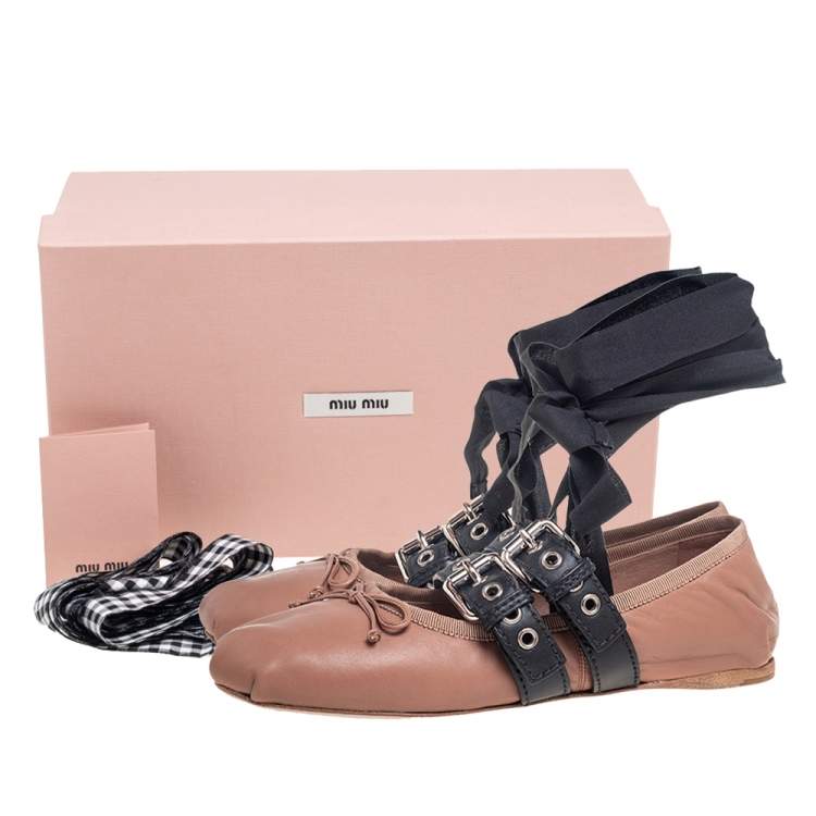 Pre Owned Miu Miu Nude Beige Leather Belted Ankle Wrap Ballerina Flats Size 39.5