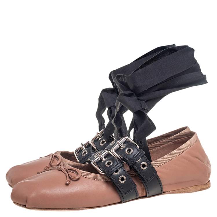 Pre Owned Miu Miu Nude Beige Leather Belted Ankle Wrap Ballerina Flats Size 39.5