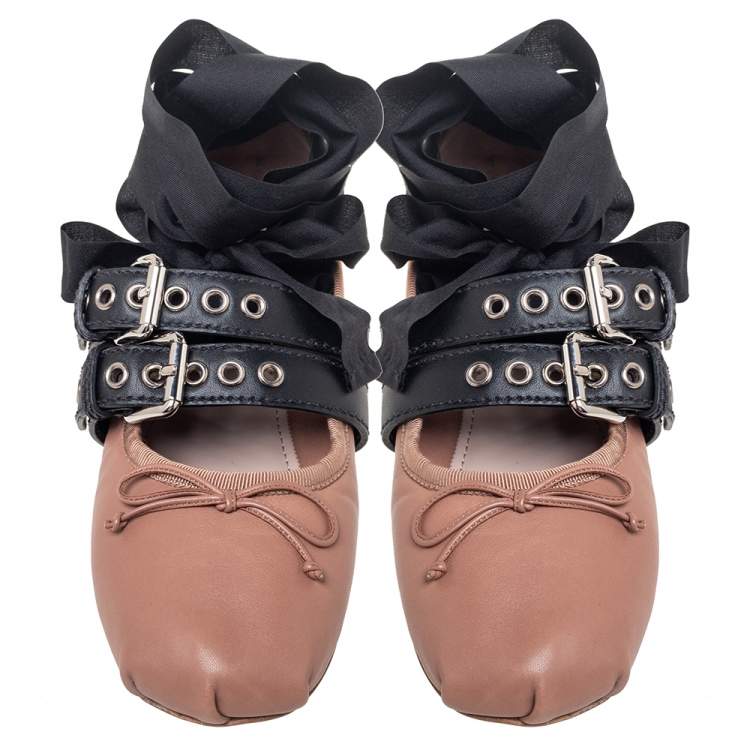 Pre Owned Miu Miu Nude Beige Leather Belted Ankle Wrap Ballerina Flats Size 39.5