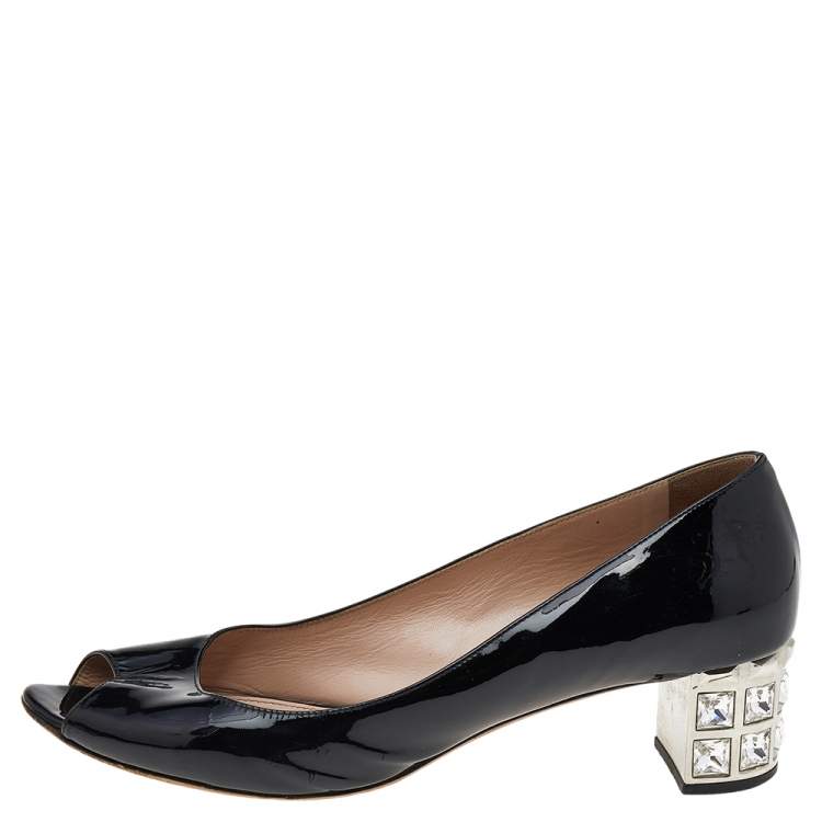 Pre Owned Miu Miu Black Patent Leather Embellished Block Heel Peep-Toe Pumps Size 39