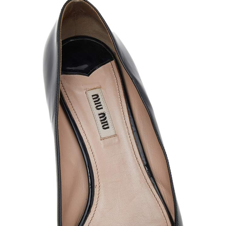 Pre Owned Miu Miu Black Patent Leather Embellished Block Heel Peep-Toe Pumps Size 39
