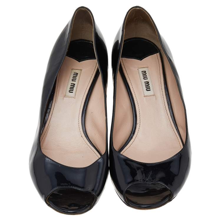 Pre Owned Miu Miu Black Patent Leather Embellished Block Heel Peep-Toe Pumps Size 39