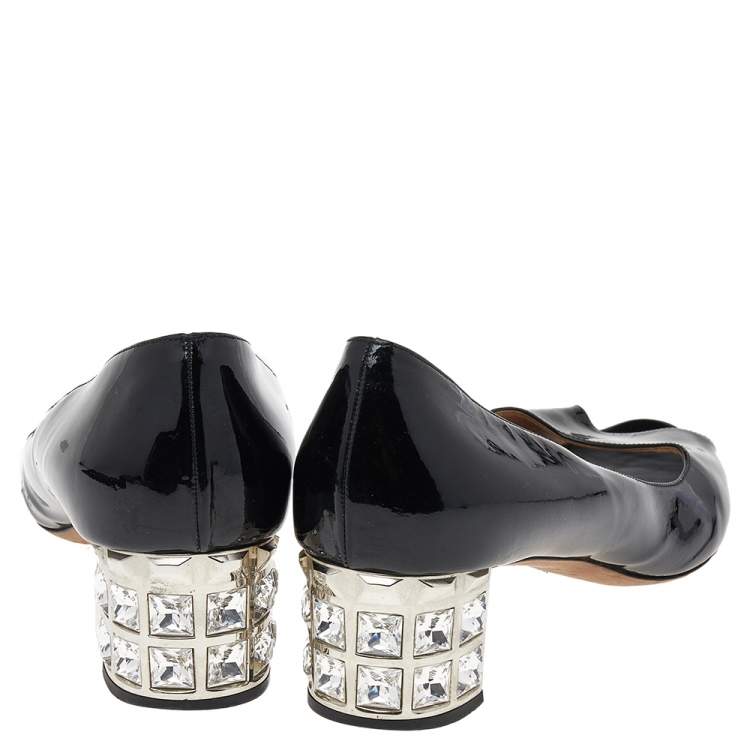 Pre Owned Miu Miu Black Patent Leather Embellished Block Heel Peep-Toe Pumps Size 39
