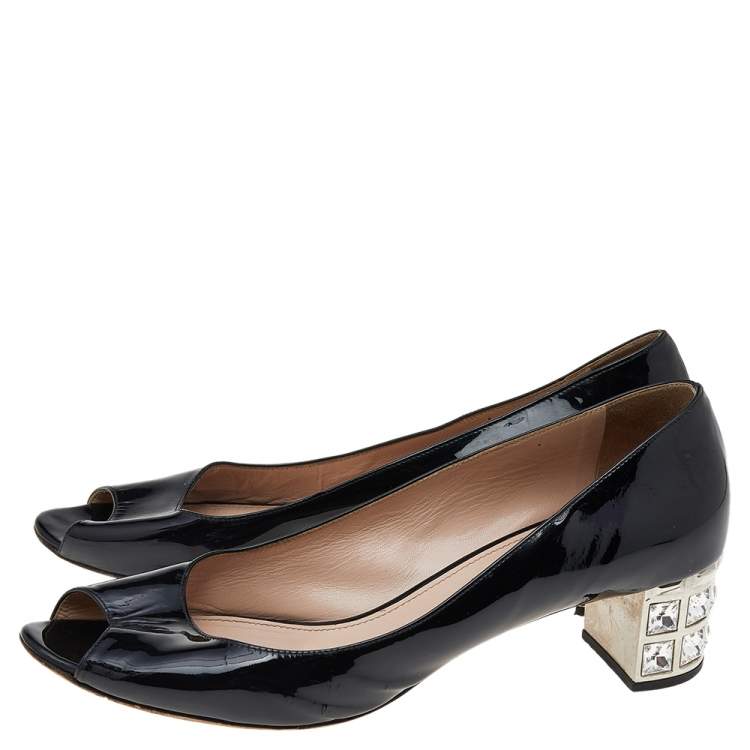 Pre Owned Miu Miu Black Patent Leather Embellished Block Heel Peep-Toe Pumps Size 39