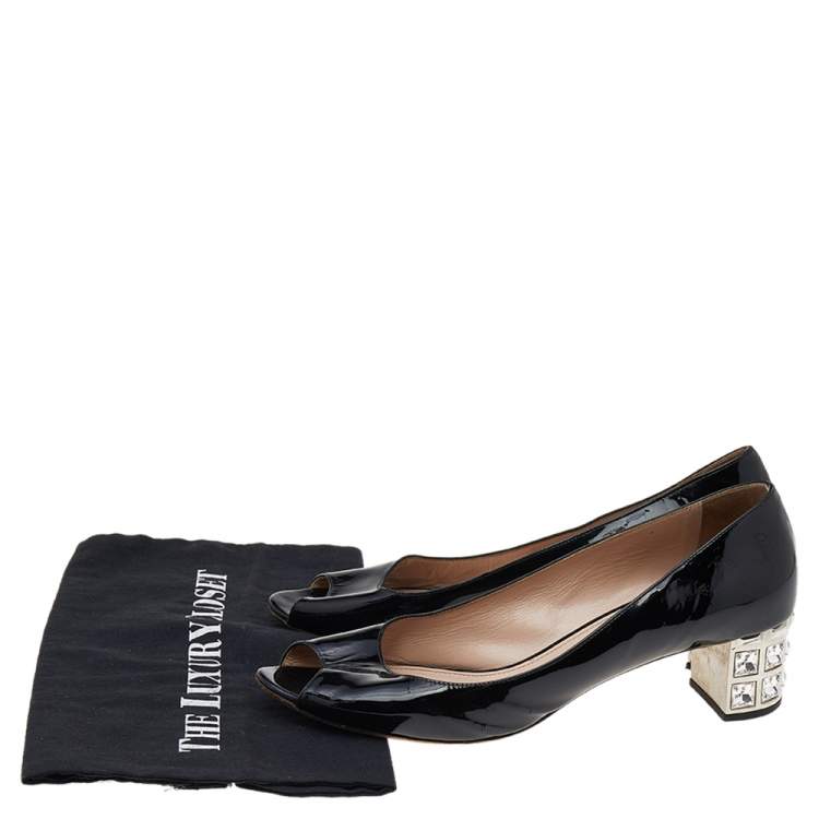 Pre Owned Miu Miu Black Patent Leather Embellished Block Heel Peep-Toe Pumps Size 39