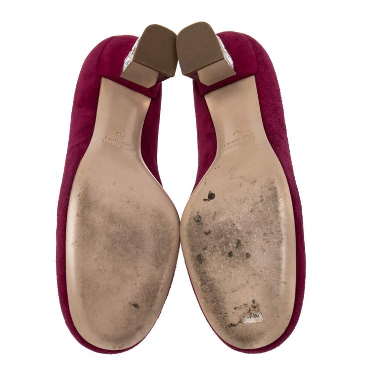 Pre Owned Miu Miu Burgundy Suede Crystal Embellished Block Heel Pumps Size 37