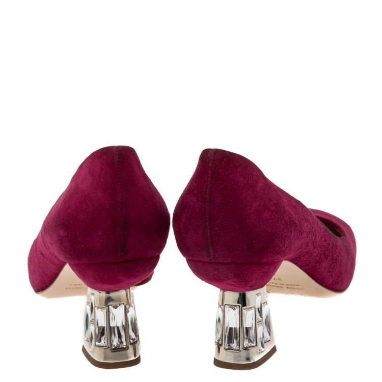 Pre Owned Miu Miu Burgundy Suede Crystal Embellished Block Heel Pumps Size 37