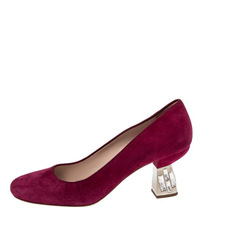 Pre Owned Miu Miu Burgundy Suede Crystal Embellished Block Heel Pumps Size 37