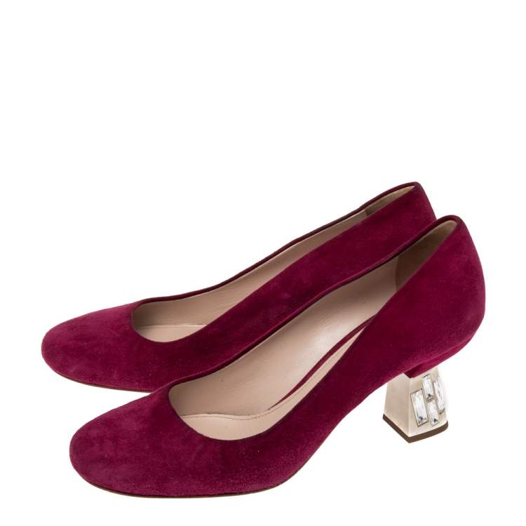 Pre Owned Miu Miu Burgundy Suede Crystal Embellished Block Heel Pumps Size 37