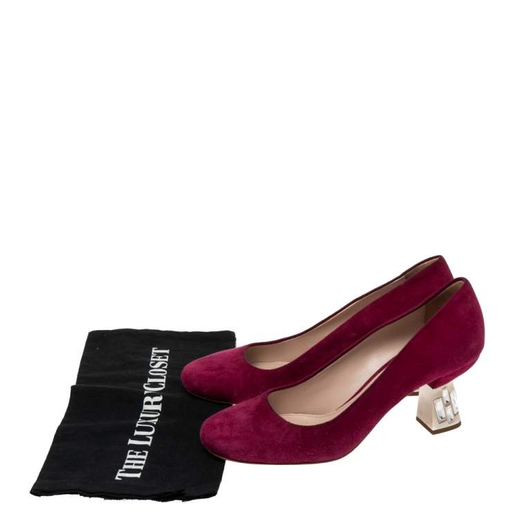 Pre Owned Miu Miu Burgundy Suede Crystal Embellished Block Heel Pumps Size 37