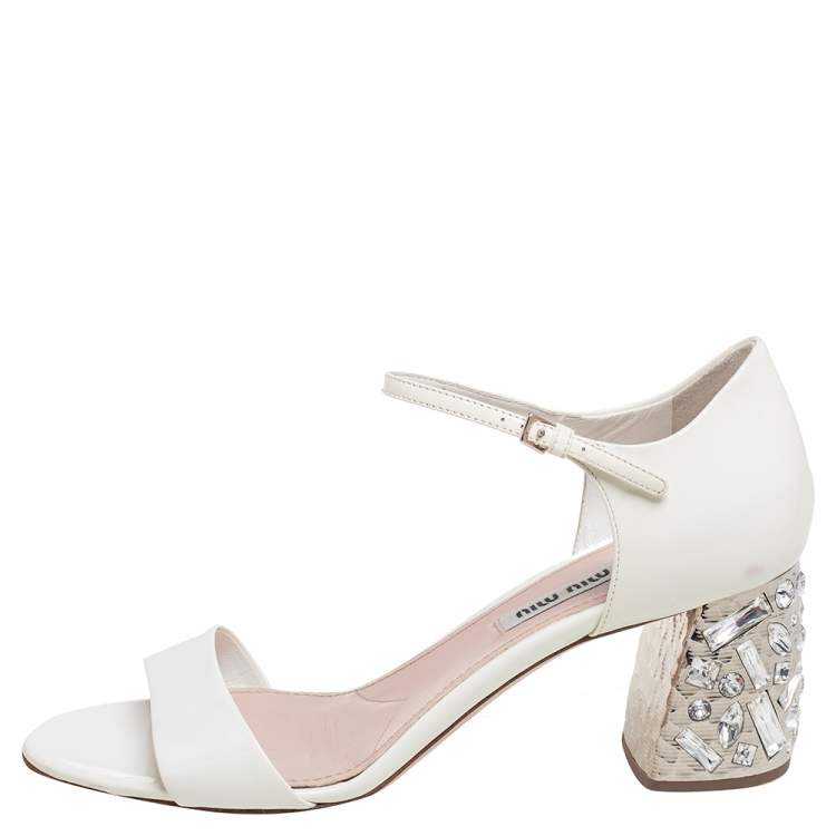 Pre Owned Miu Miu White Patent Leather Crystal Embellished Heel Sandals Size 37