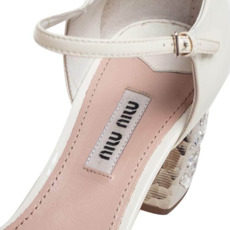 Pre Owned Miu Miu White Patent Leather Crystal Embellished Heel Sandals Size 37
