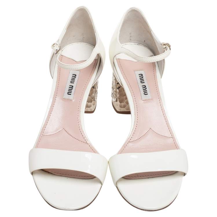Pre Owned Miu Miu White Patent Leather Crystal Embellished Heel Sandals Size 37