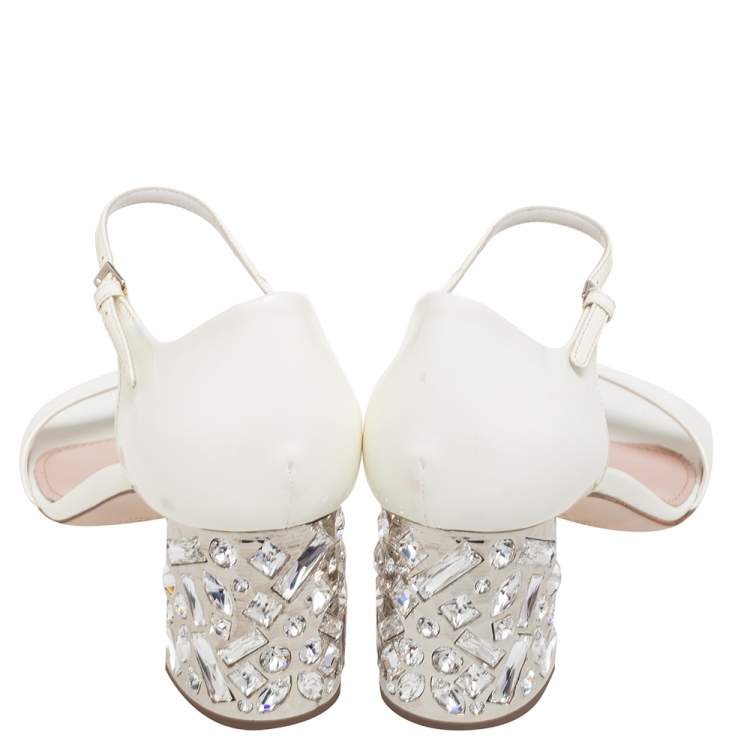 Pre Owned Miu Miu White Patent Leather Crystal Embellished Heel Sandals Size 37