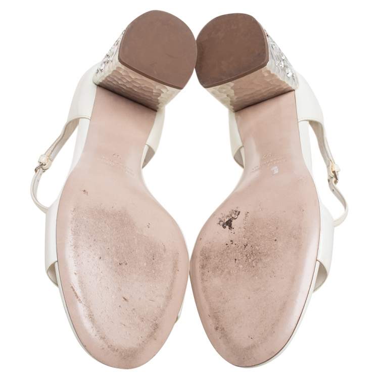 Pre Owned Miu Miu White Patent Leather Crystal Embellished Heel Sandals Size 37