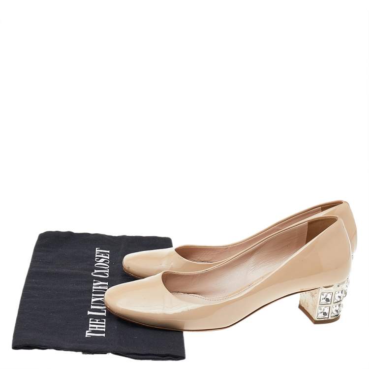 Pre Owned Miu Miu Beige Patent Leather Crystal Embellished Block Heel Pumps Size 37