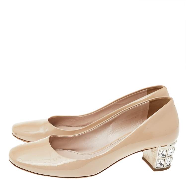 Pre Owned Miu Miu Beige Patent Leather Crystal Embellished Block Heel Pumps Size 37