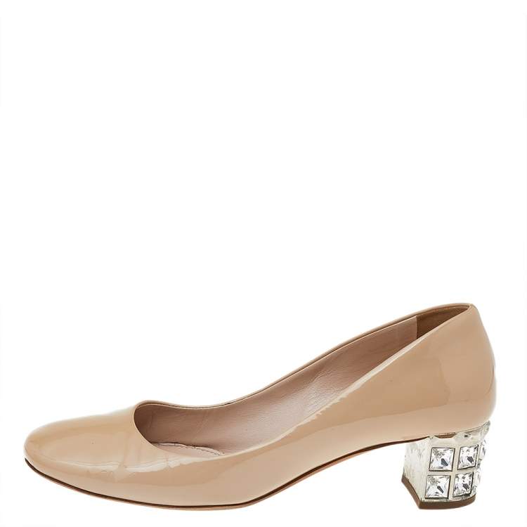 Pre Owned Miu Miu Beige Patent Leather Crystal Embellished Block Heel Pumps Size 37