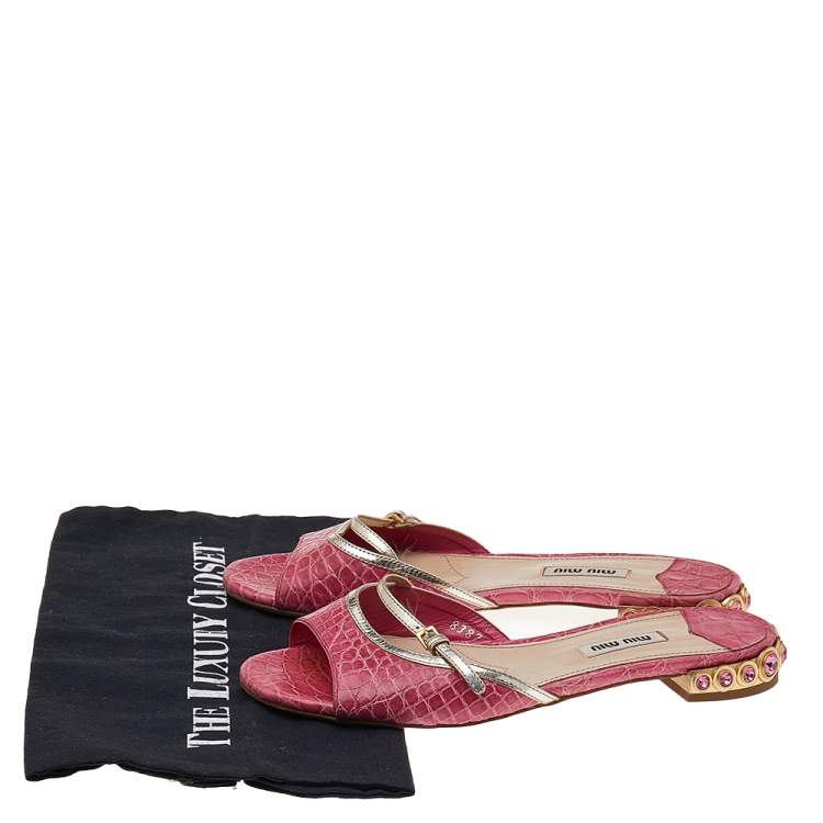 Pre Owned Miu Miu Pink Croc Embossed Leather Crystal Embellished Flat Slides Size 37